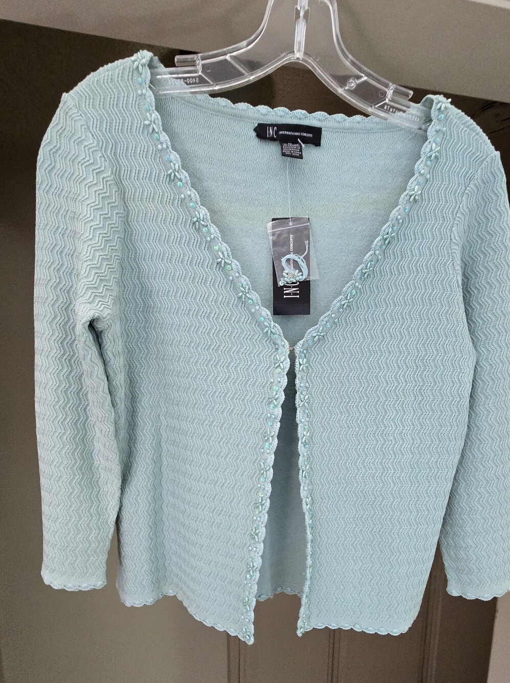 INC International Concepts Light Mint Knit Cardigan with Scalloped Trim